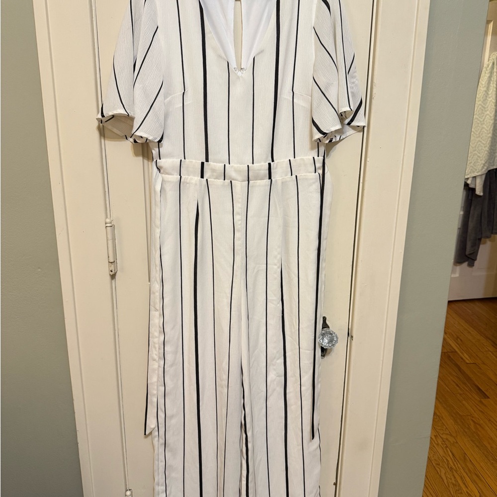 White and Black Striped Jumpsuit with waist tie